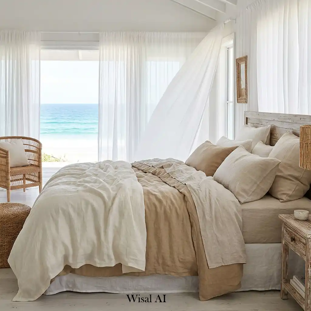 Beach house bedroom with layered linen bedding in soft neutral tones.