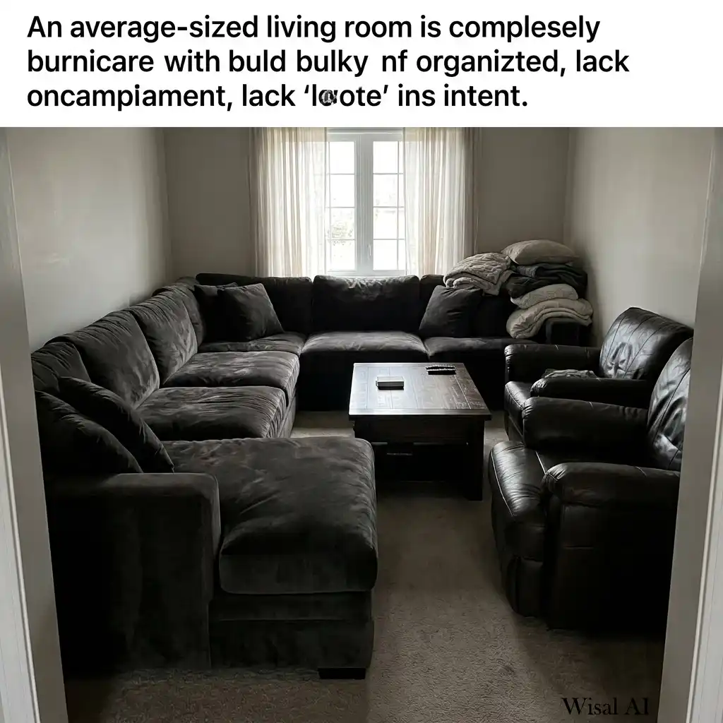 Oversized living room furniture making the space feel cramped and unbalanced.