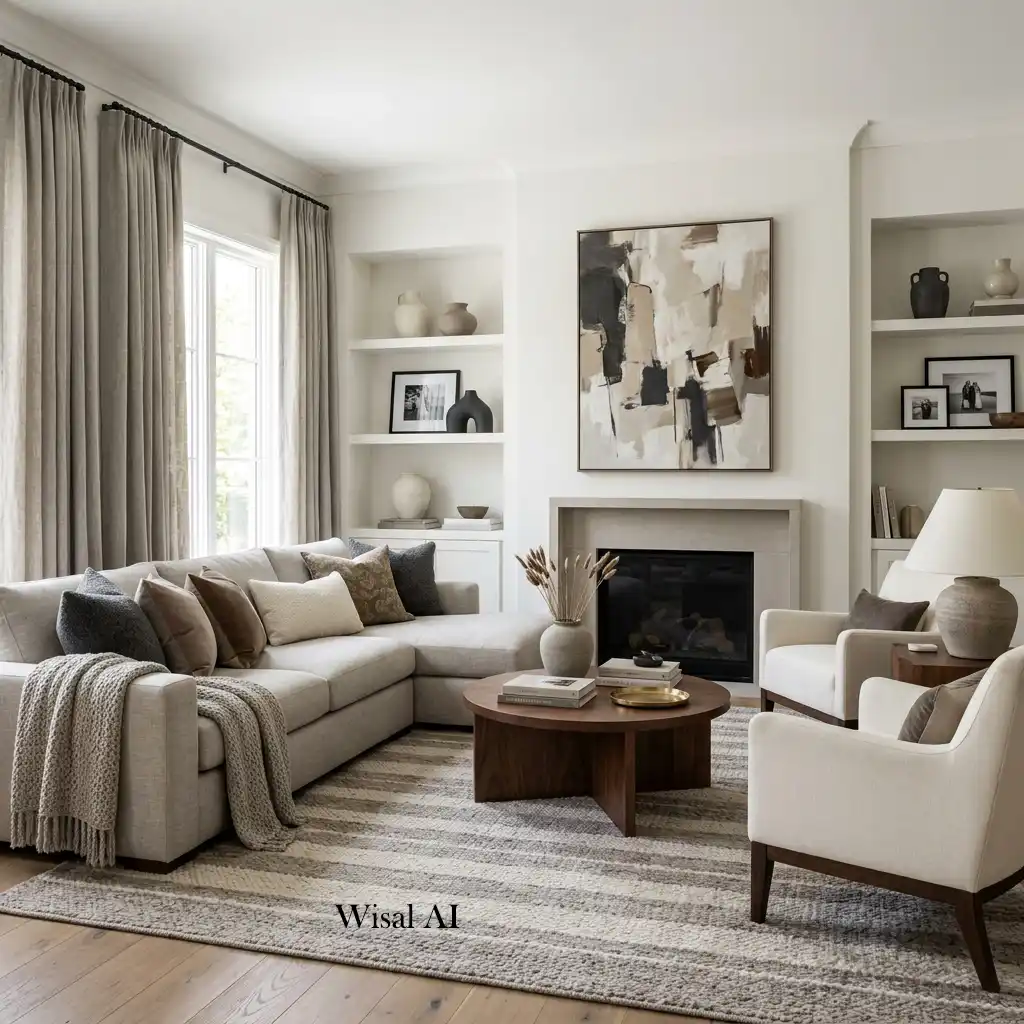 Designer living room with a cohesive neutral color palette and elegant custom-inspired furnishings.