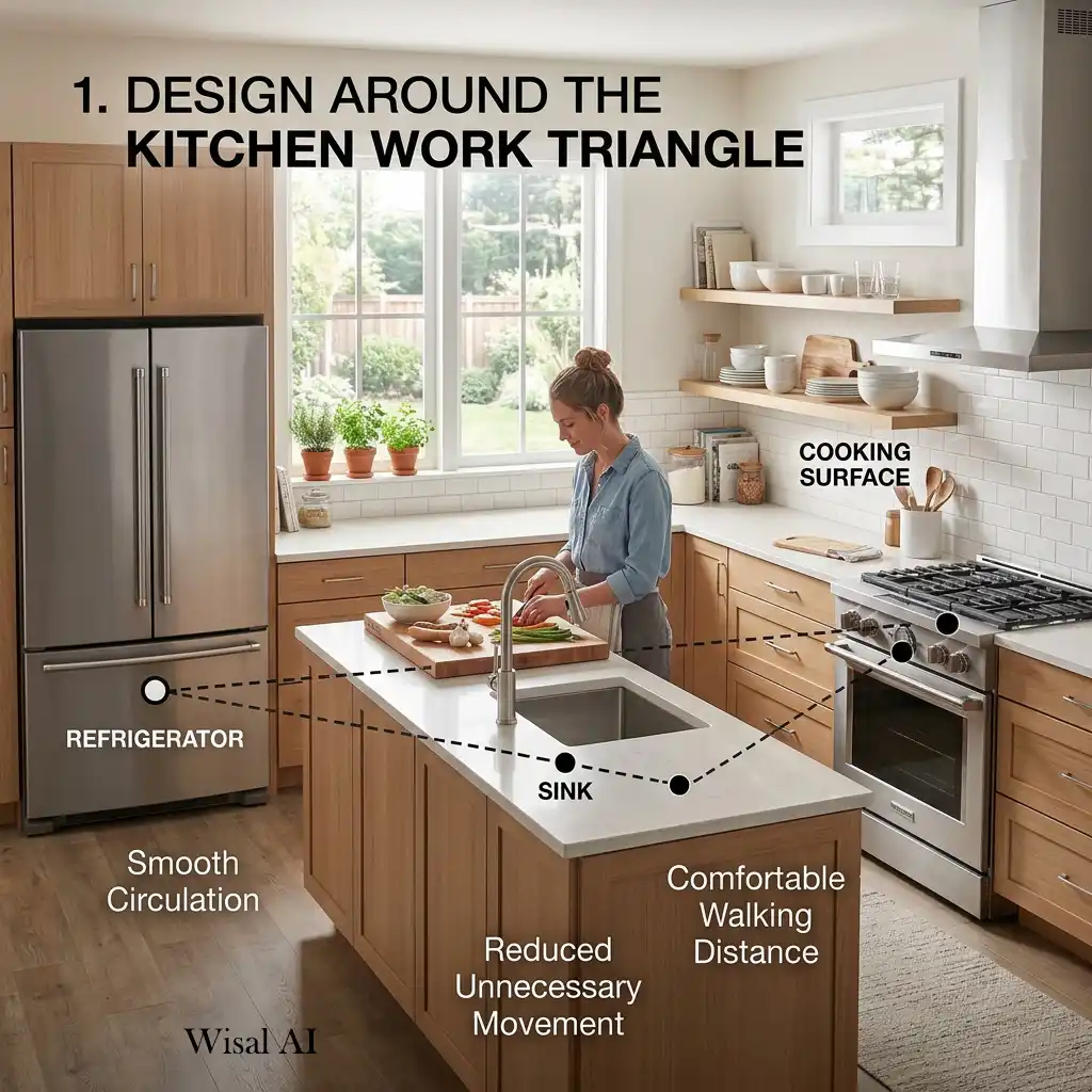 Modern kitchen with an efficient work triangle between the sink, stove, and refrigerator.