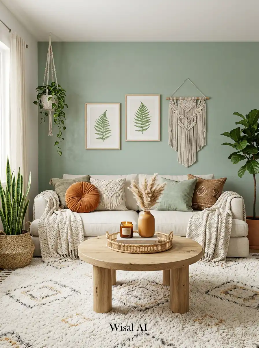 1. Earthy Textures and Warm Accents: A Cozy Sage Boho Living Room