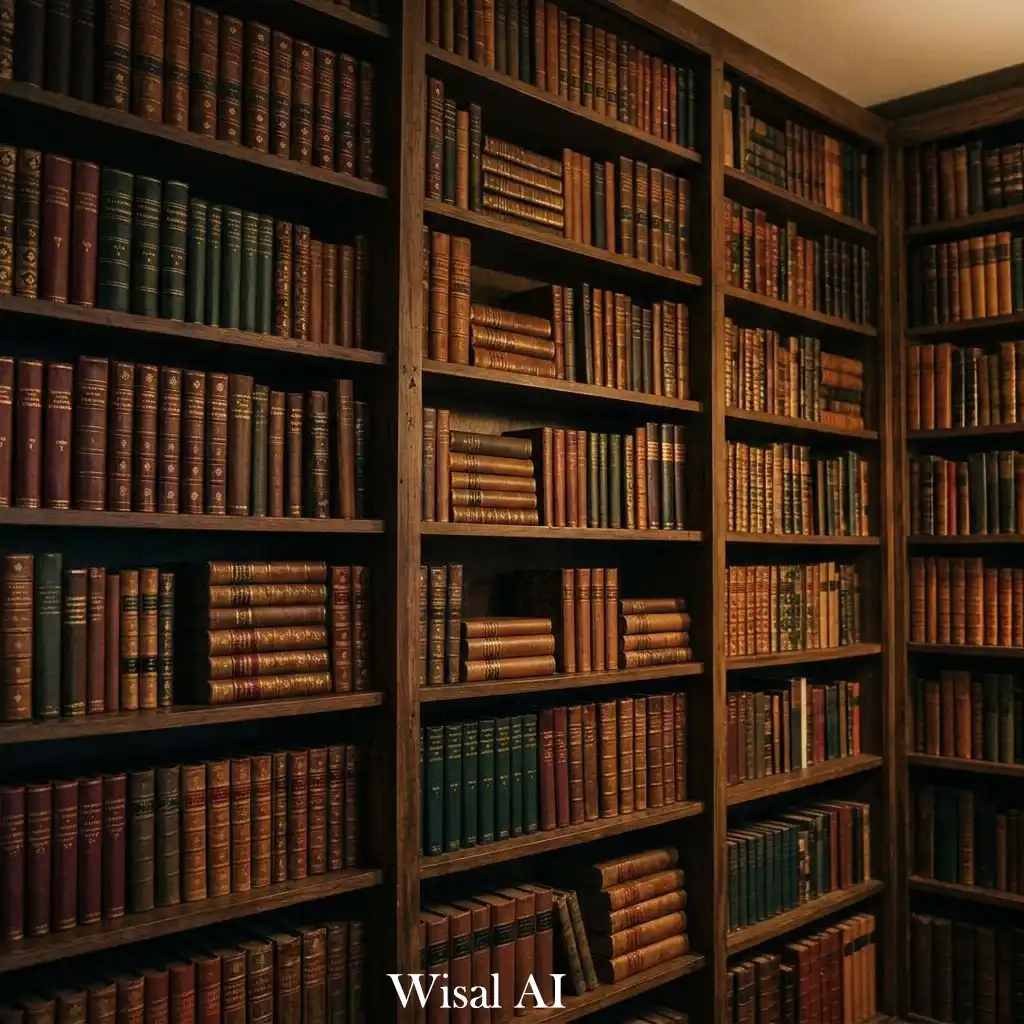 Dark academia bedroom with floor-to-ceiling bookshelves and vintage wooden furniture