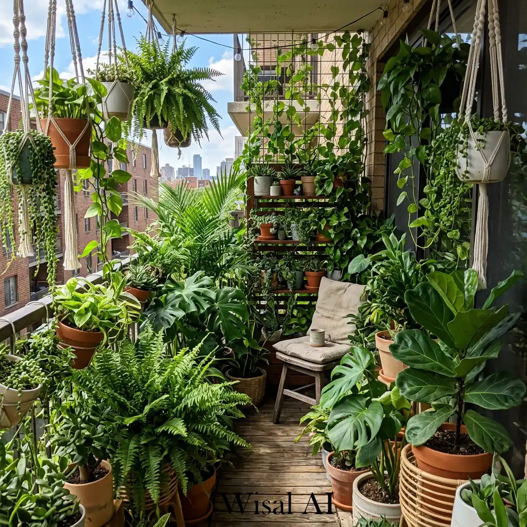 Lush green balcony filled with layered tropical plants