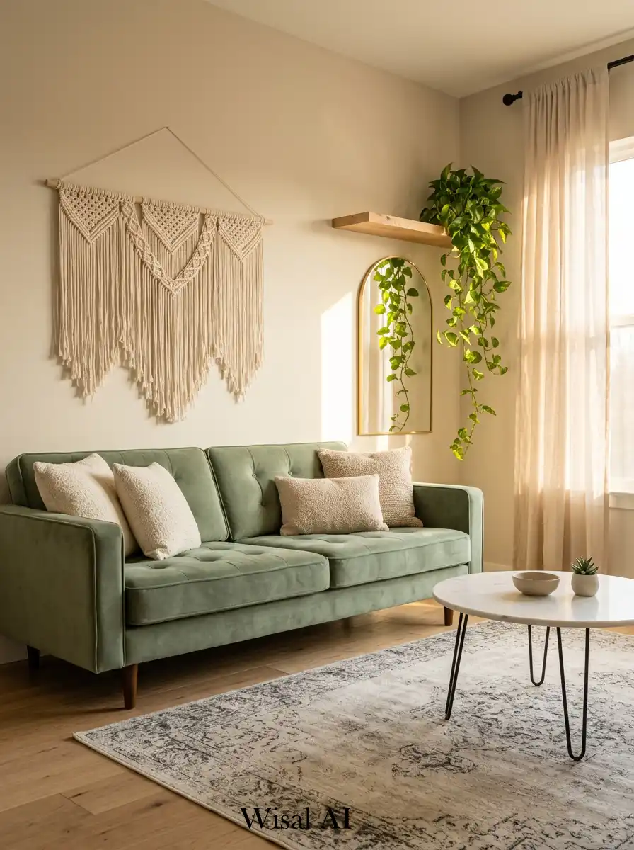 11. Golden Hour Serenity in a Cozy Sage Boho Living Room