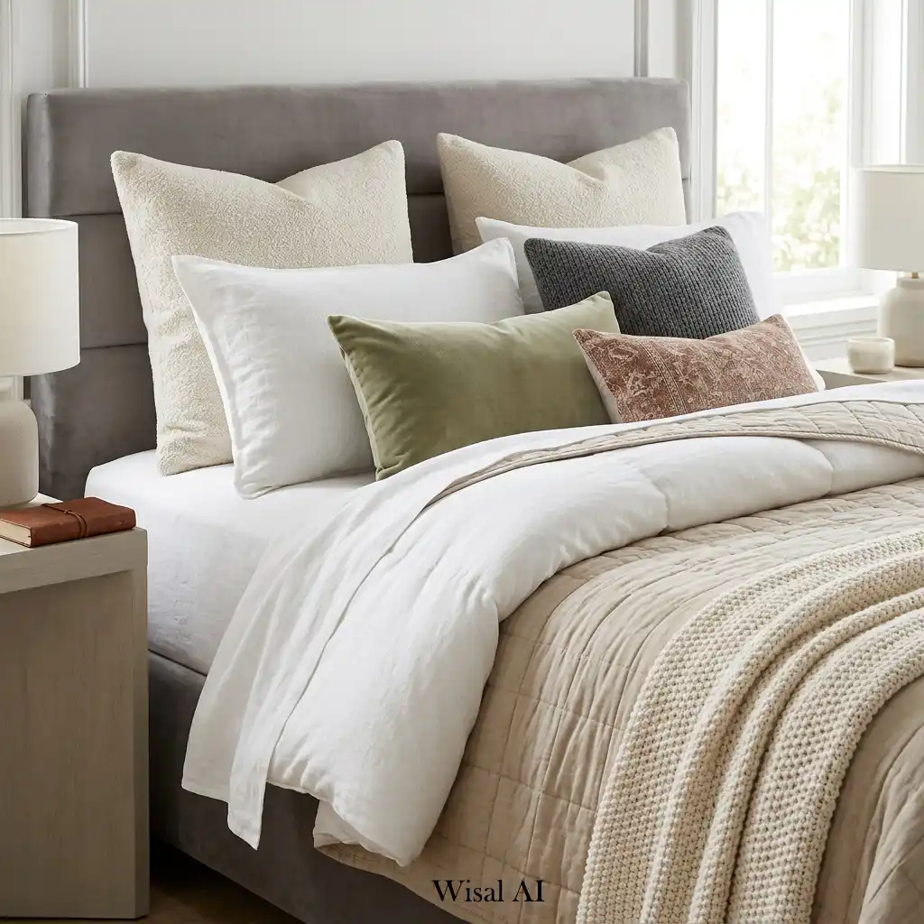 Luxury bedroom featuring layered bedding with premium linens, pillows, and cozy textured throws.