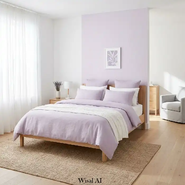 Modern lavender bedroom with soft natural light, white bedding, and minimalist decor
