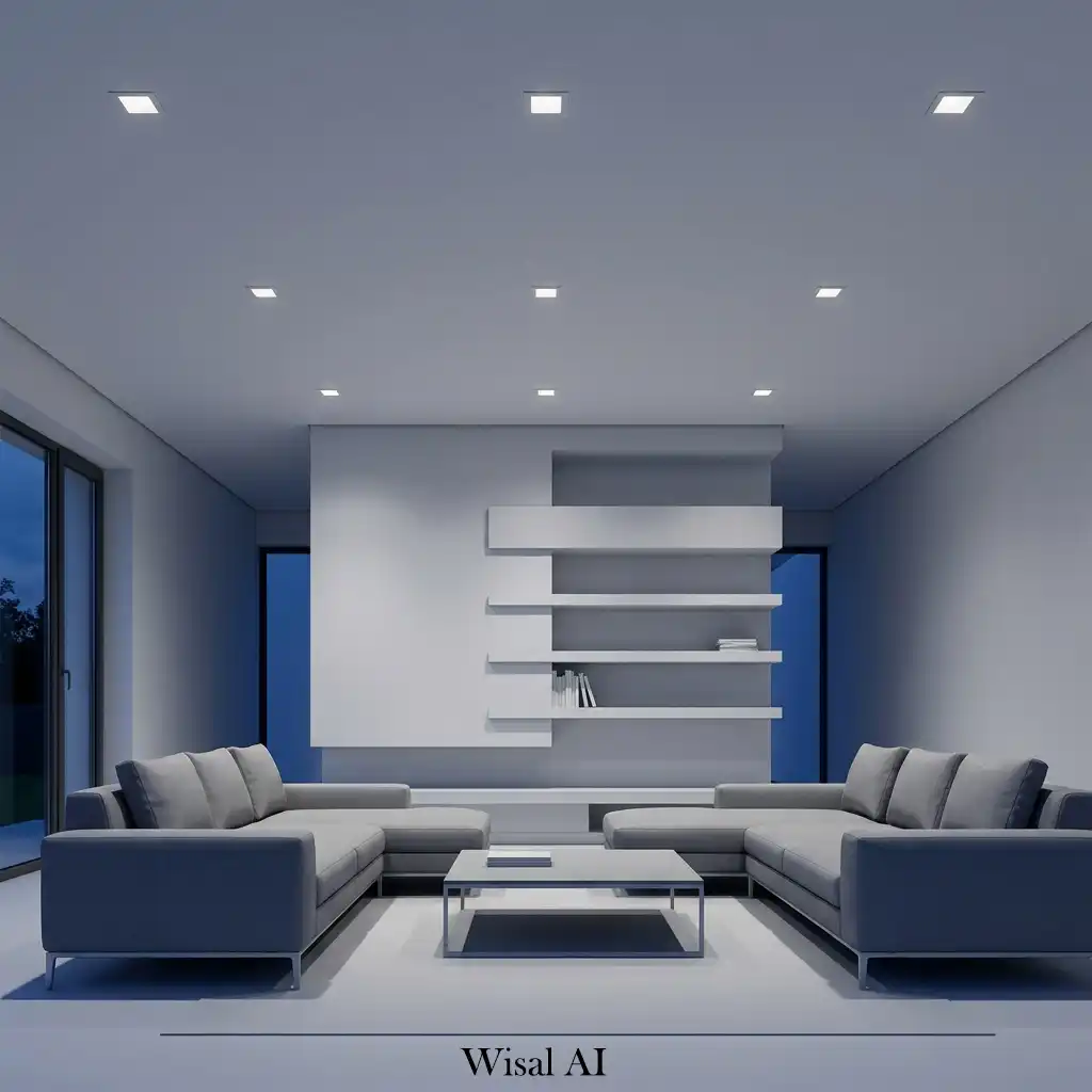 Modern living room with layered lighting using recessed ceiling lights, wall sconces, and floor lamps.