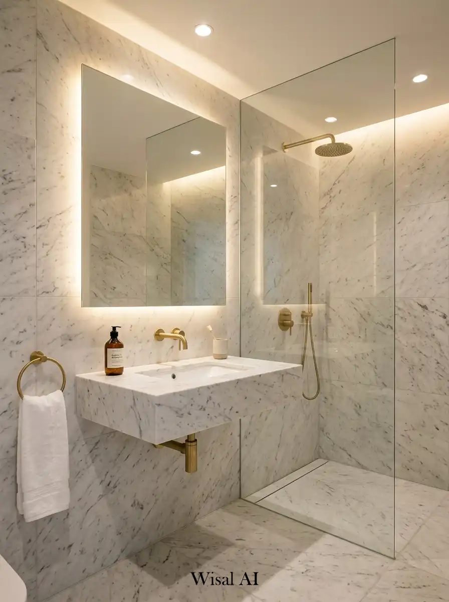 Elegant marble luxury bathroom interior inspired by modern boutique hotel spa design