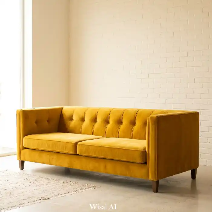 Modern mustard yellow velvet sofa living room with neutral walls and warm wooden accents