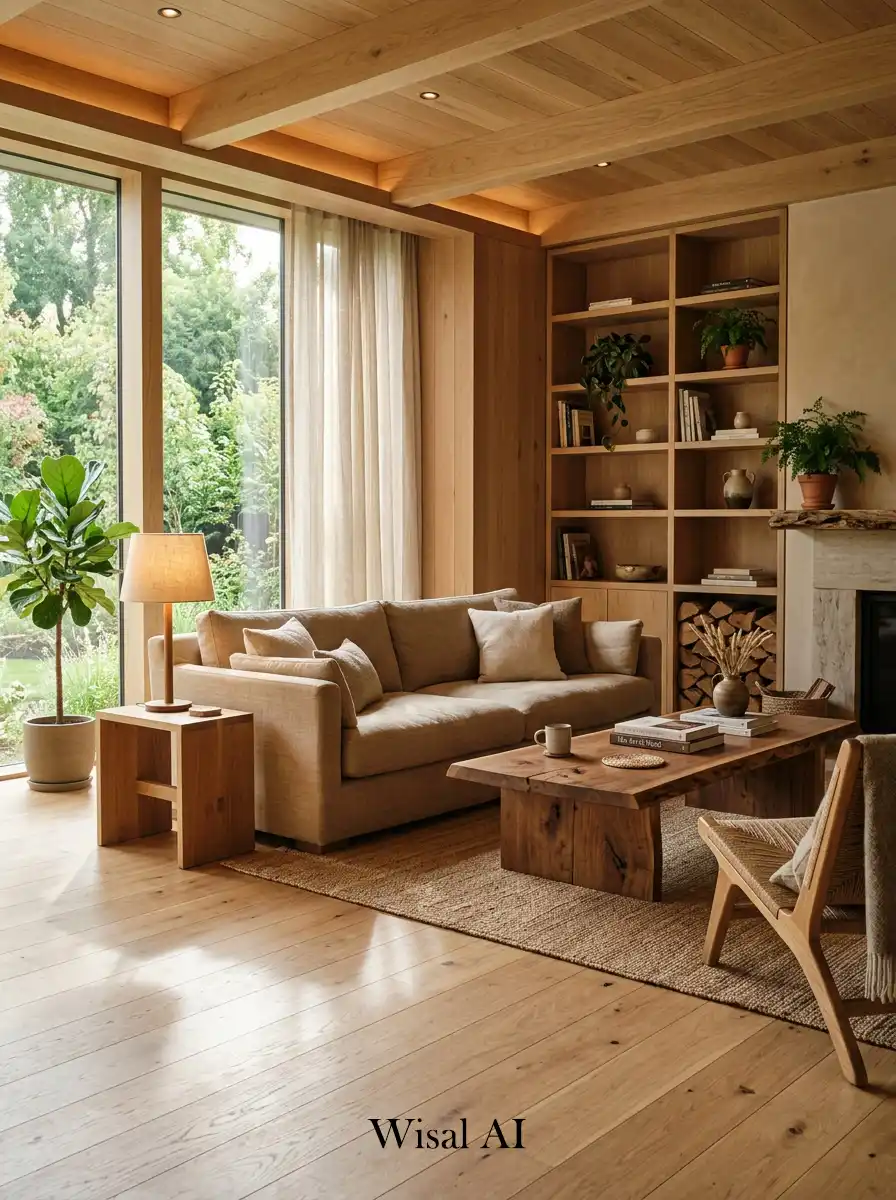 1. Natural Wood Foundation Living Room Idea