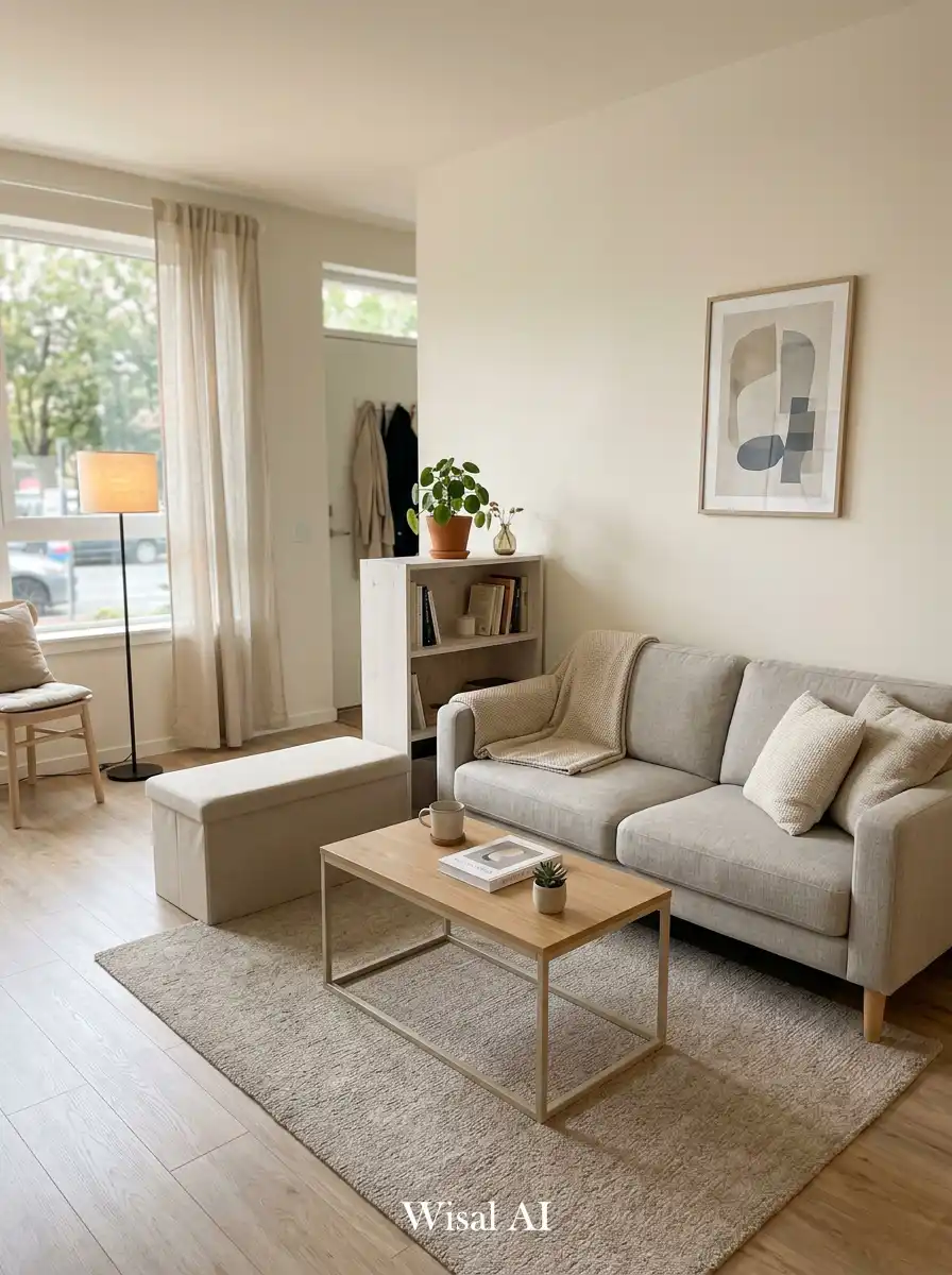 11. Neutral Budget Minimal Living Room with Smart Furniture