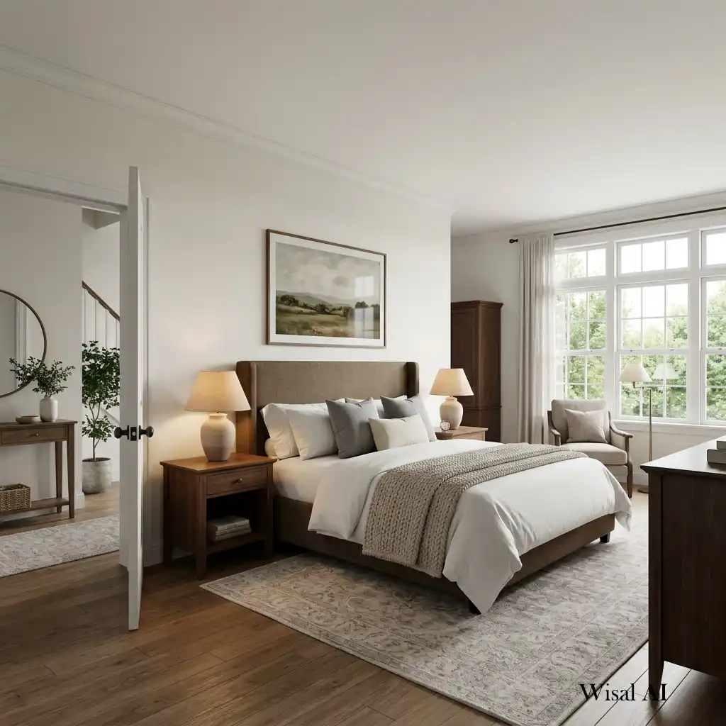Modern bedroom layout with the bed positioned as the central focal point for comfort and balance.