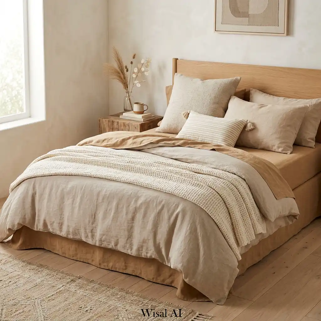 Soft tan bohemian bedroom with layered linen bedding and earthy neutral tones
