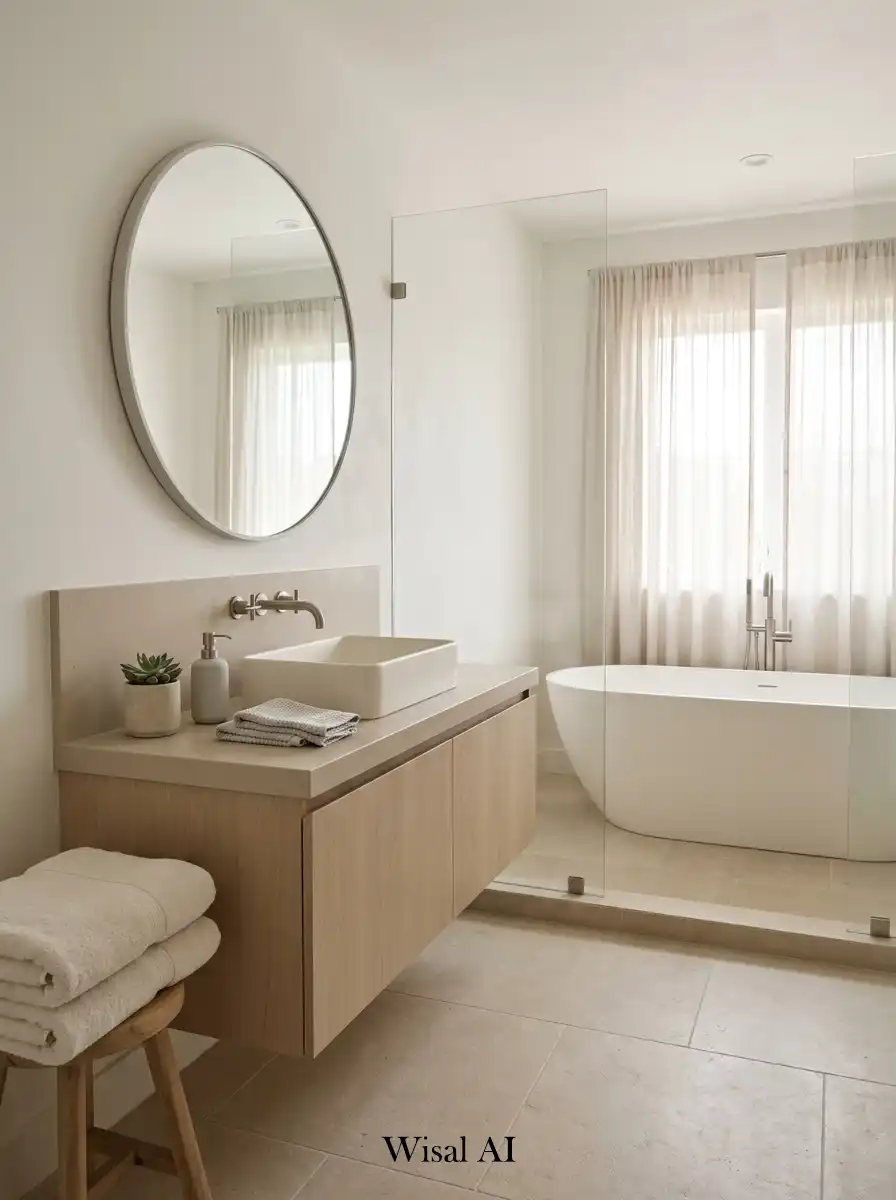 Minimal spa-like bathroom featuring soft neutral tones warm beige walls natural textures and calming modern interior lighting.