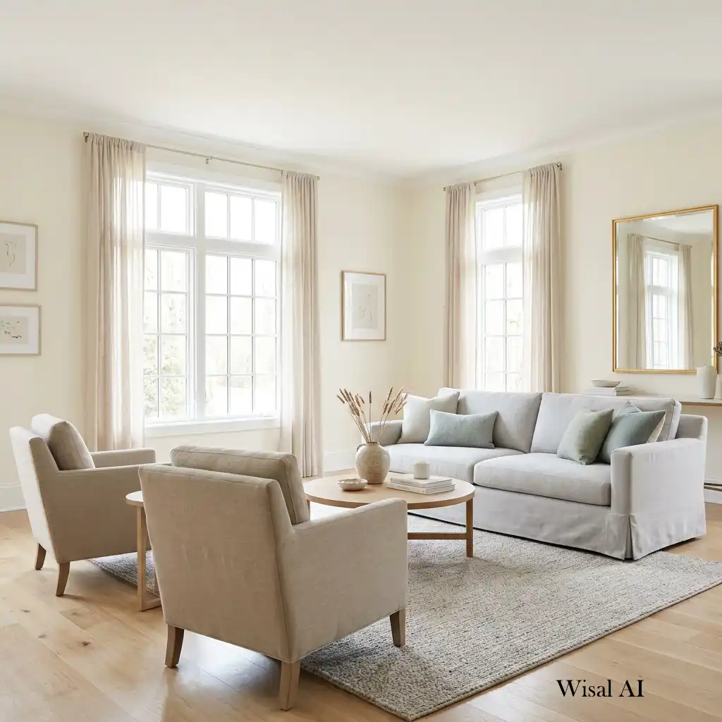 Bright living room with light neutral colors creating an open and spacious atmosphere.