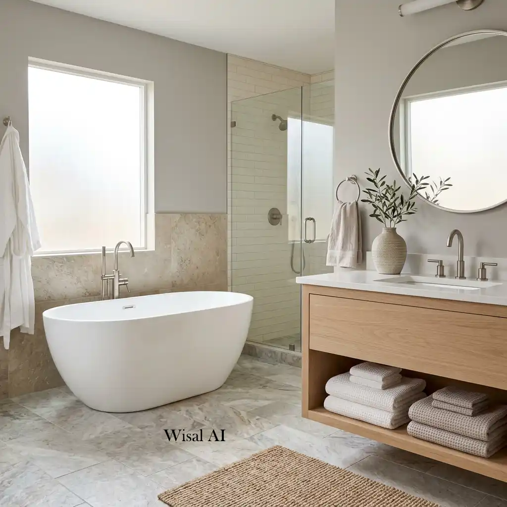 Spa-inspired bathroom featuring a soft neutral color palette with warm beige tones, natural stone, and calming minimalist décor.