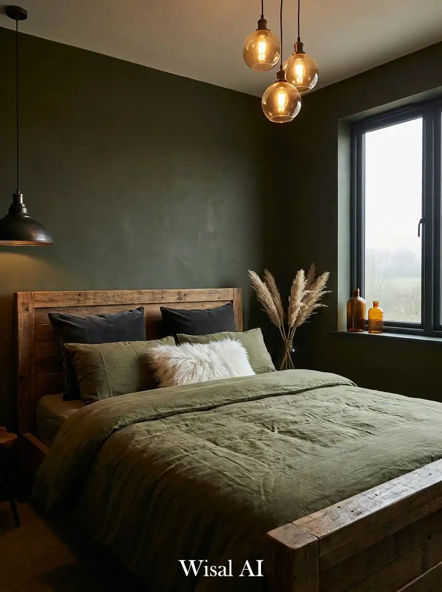 1. Textured Serenity: A Rustic Dark Olive Bedroom Idea