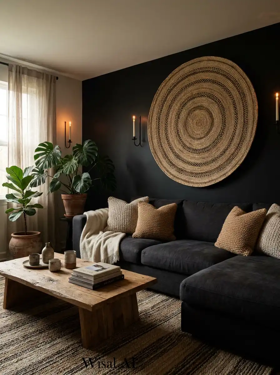 The Charcoal Sanctuary: Black and Wood Living Room