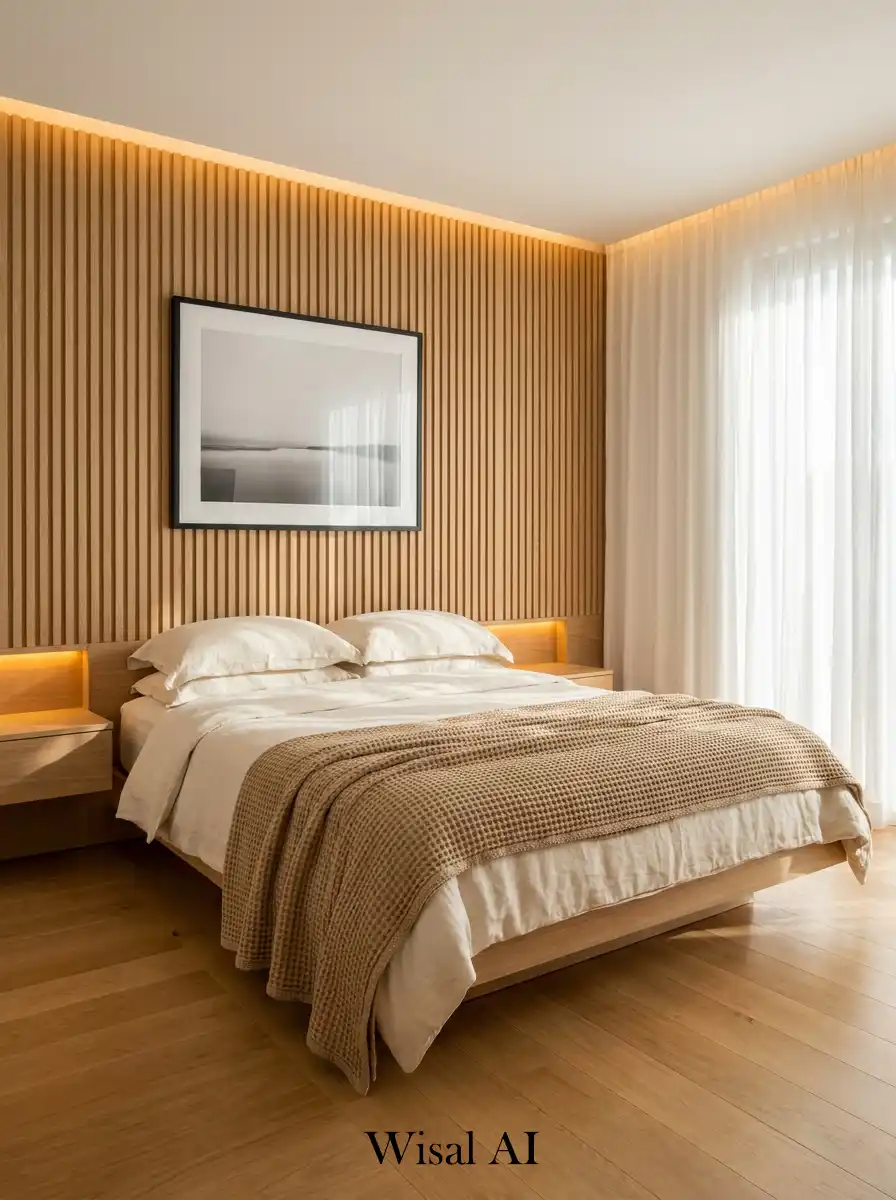 1. The Fluted Oak Retreat: A Modern Hotel Bedroom Idea