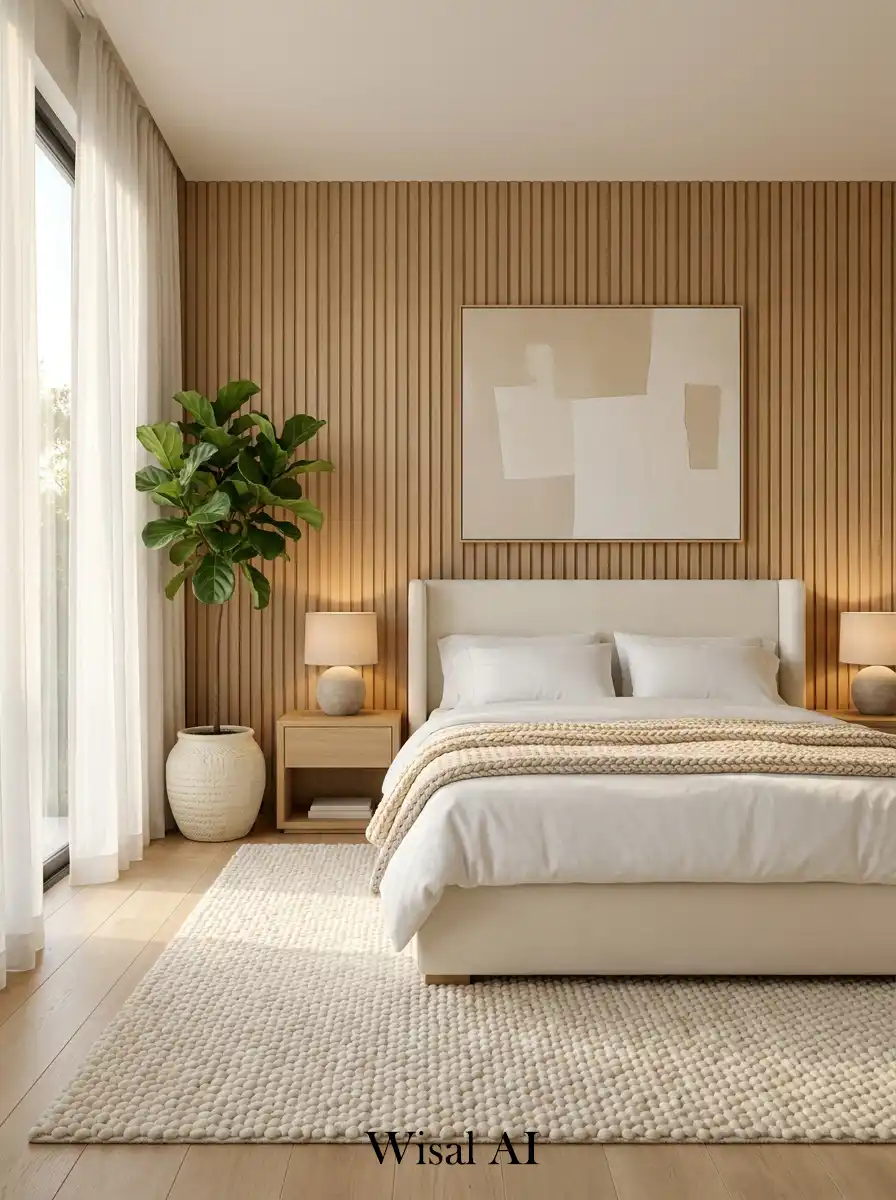 1. The Serene Slatted Sanctuary: A Modern Hotel Bedroom Idea