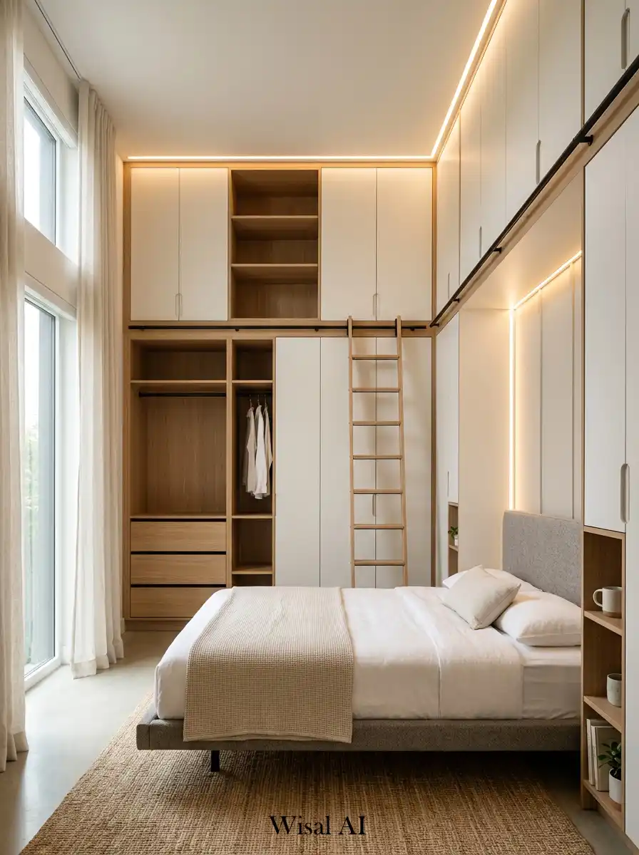 Tall modern bedroom with floor-to-ceiling smart storage cabinets.