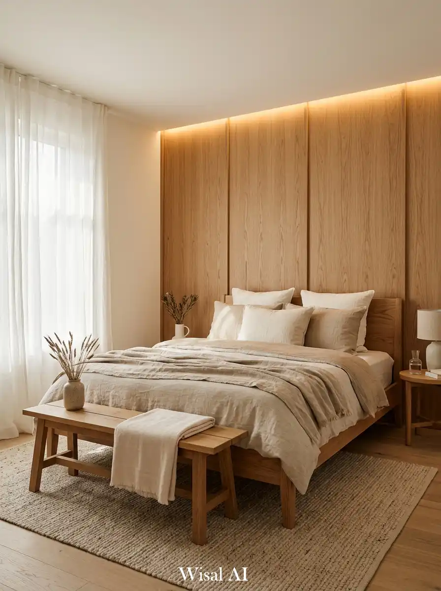 1. Wood-Layered Warm Minimal Bedroom