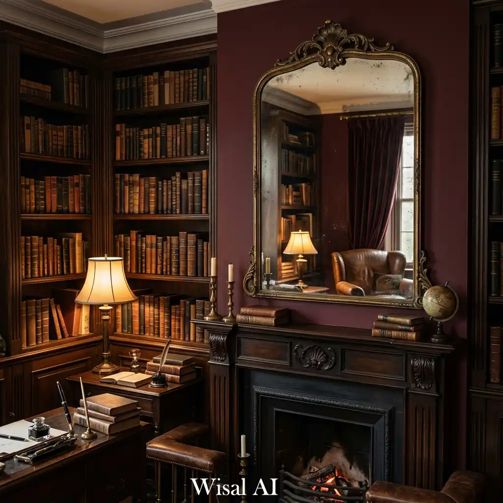 Moody bedroom with gallery wall of antique art and botanical prints