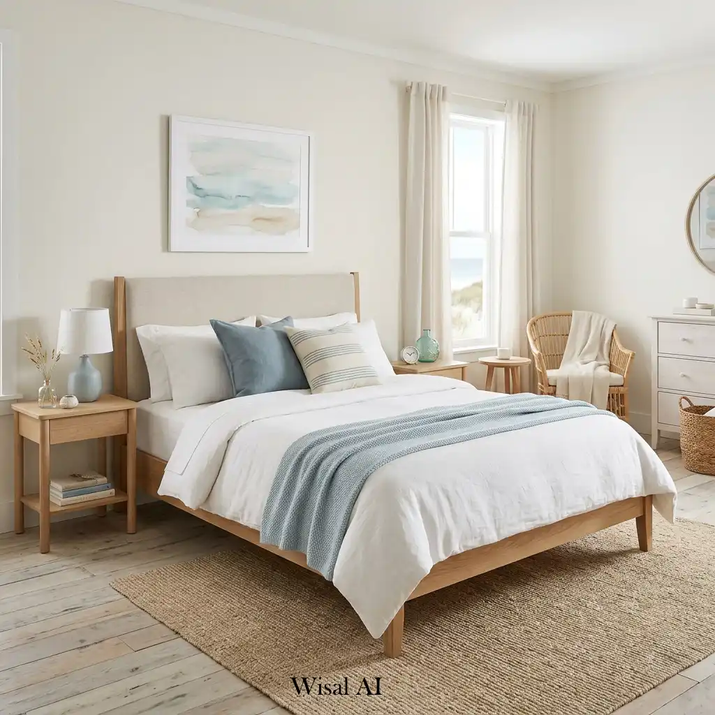 Coastal-inspired bedroom with subtle soft blue decorative accents.