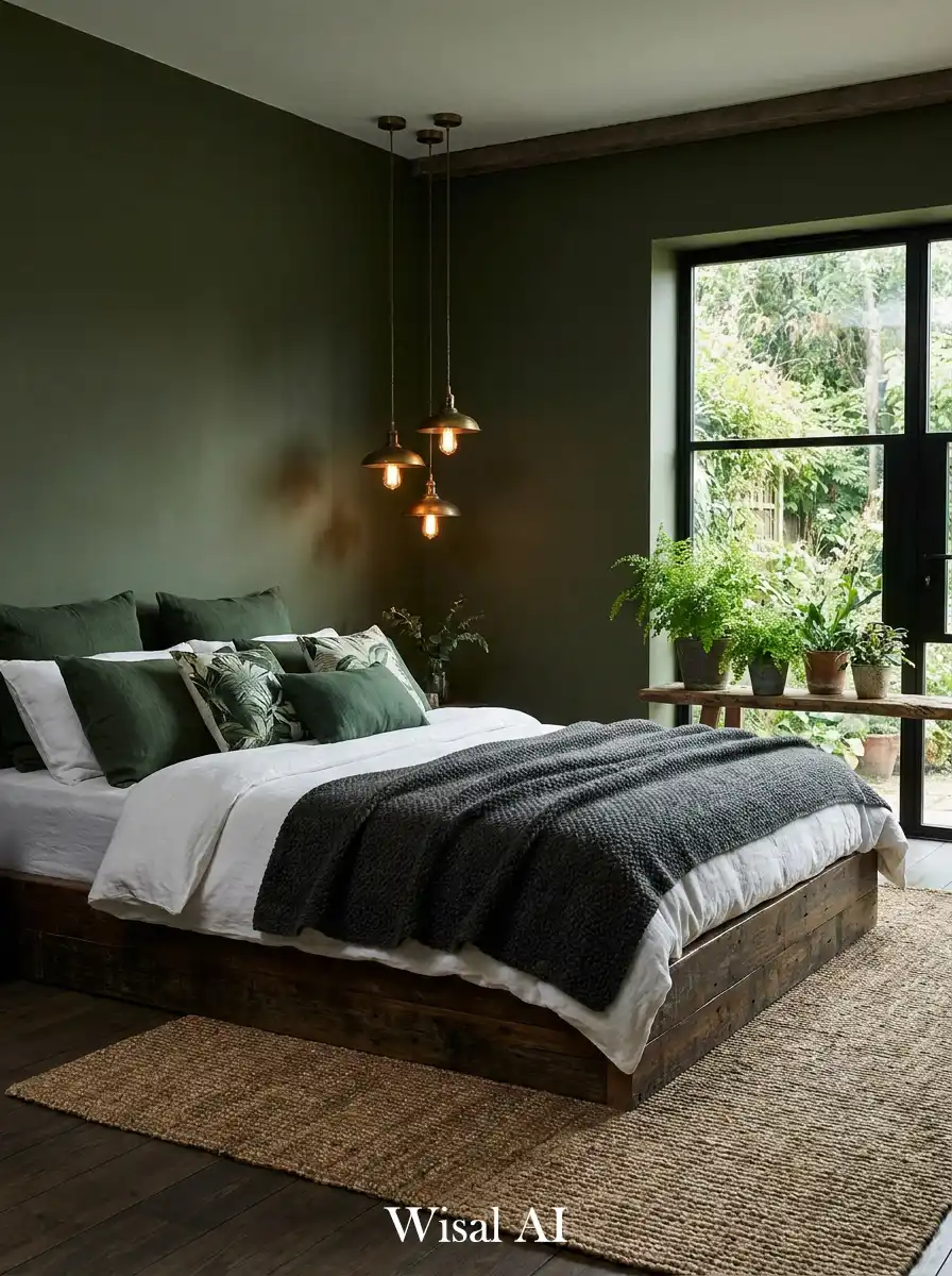 10. Botanical Bliss: A Lush Dark Olive Bedroom Idea