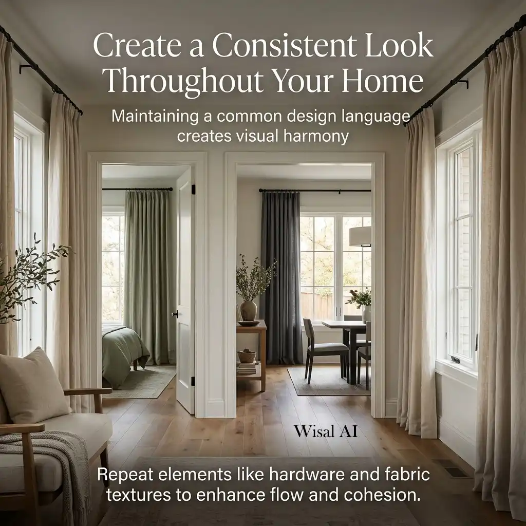 Cohesive home interior using coordinated curtain colors throughout every room beautifully.