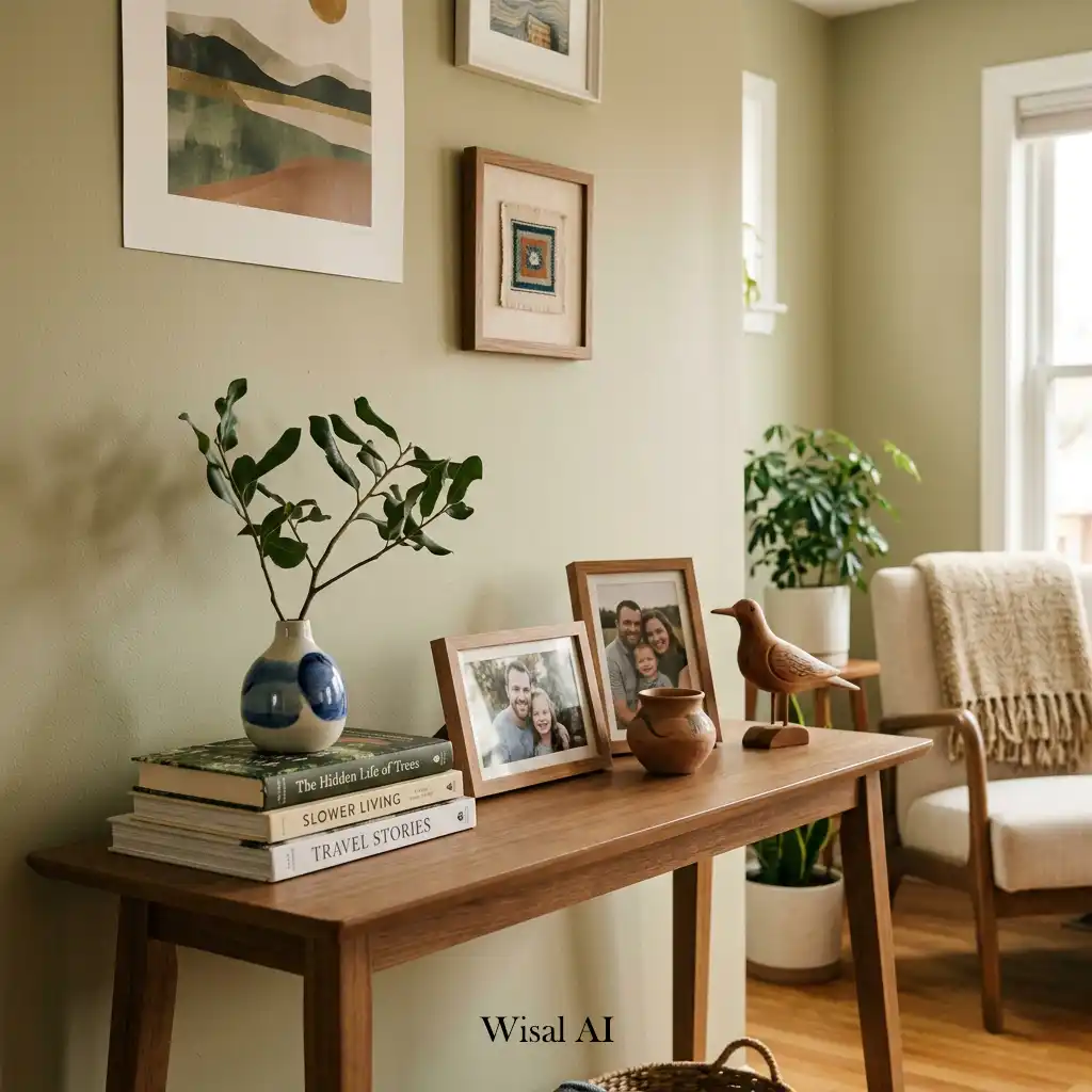 Thoughtfully styled living room displaying meaningful decorative accessories with a clean organized look.