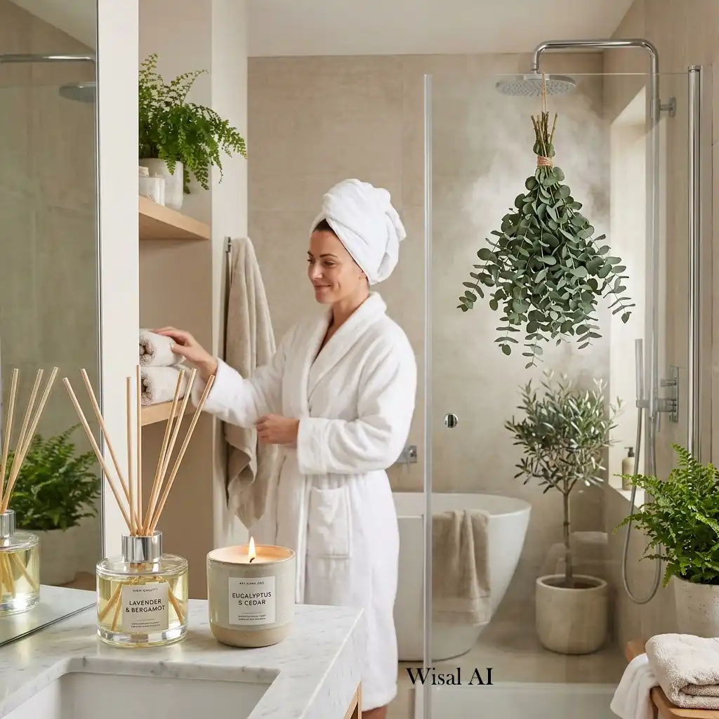 Relaxing bathroom decorated with scented candles, reed diffusers, eucalyptus, and natural spa-inspired accessories.