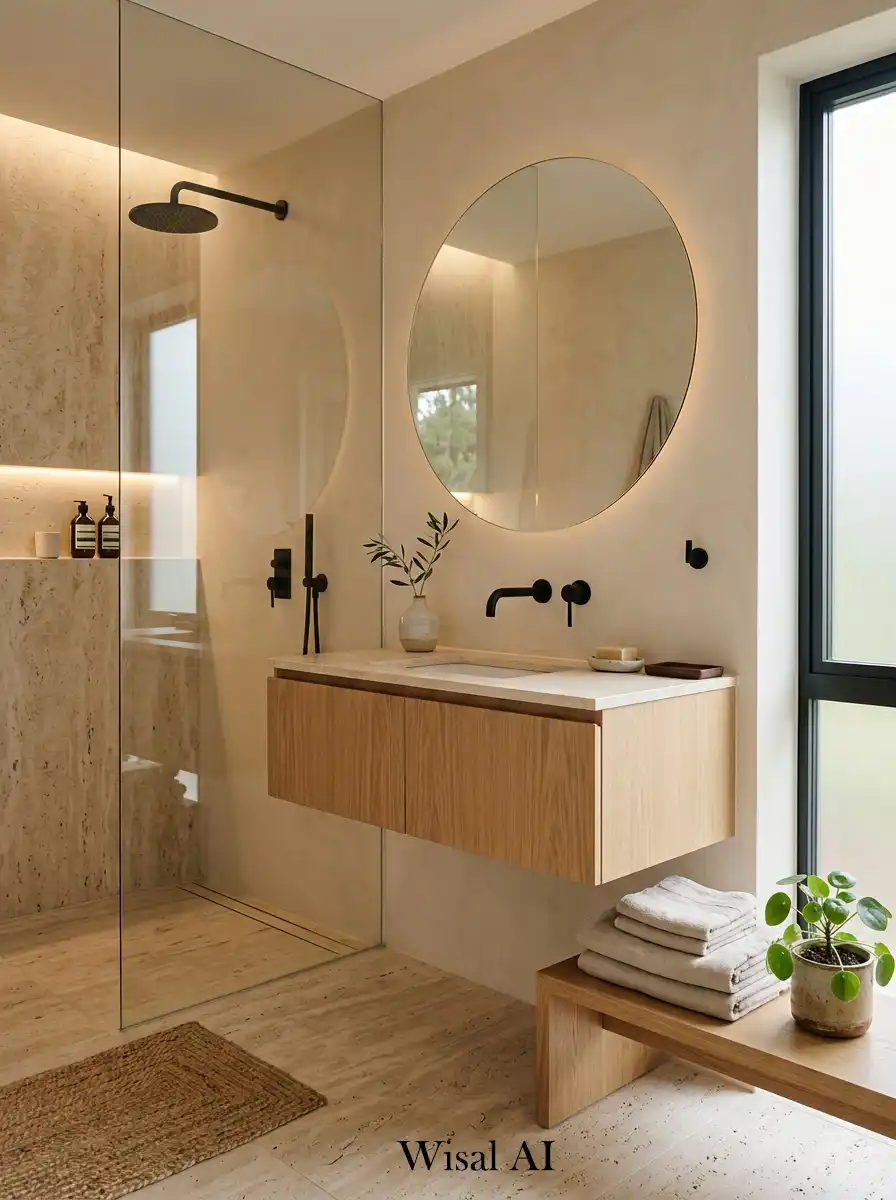 10. Japandi Bathroom with Light Travertine Stone