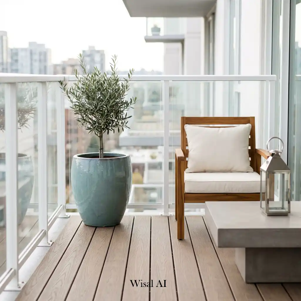Minimalist balcony decorated with carefully selected accessories for a clean modern appearance.