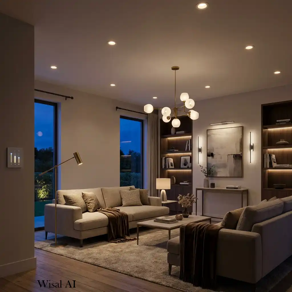 Contemporary living room featuring multiple layered lighting sources for a cozy atmosphere.