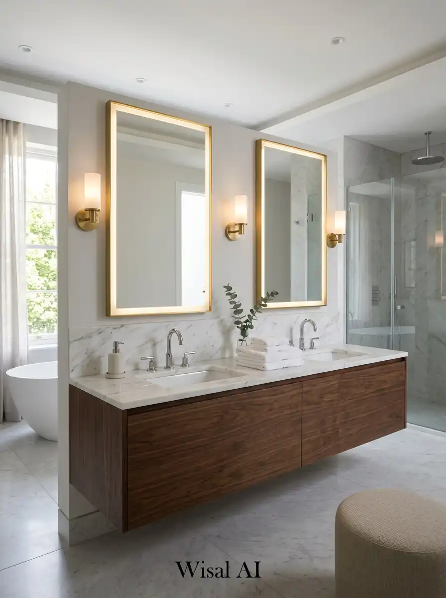 Double sink luxury bathroom with symmetrical modern design and elegant finishes