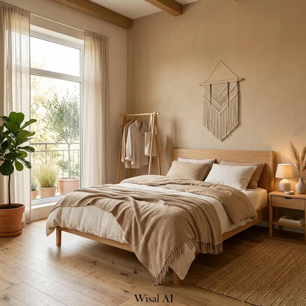 Minimal boho bedroom with tan palette and simple clean furniture design