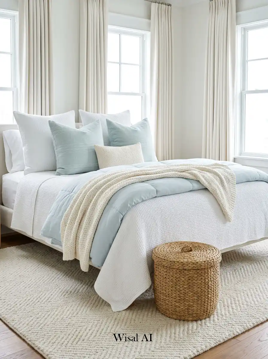 10. Monochromatic Texture: Coastal Cottage Bedroom in Soft Blue & Cream