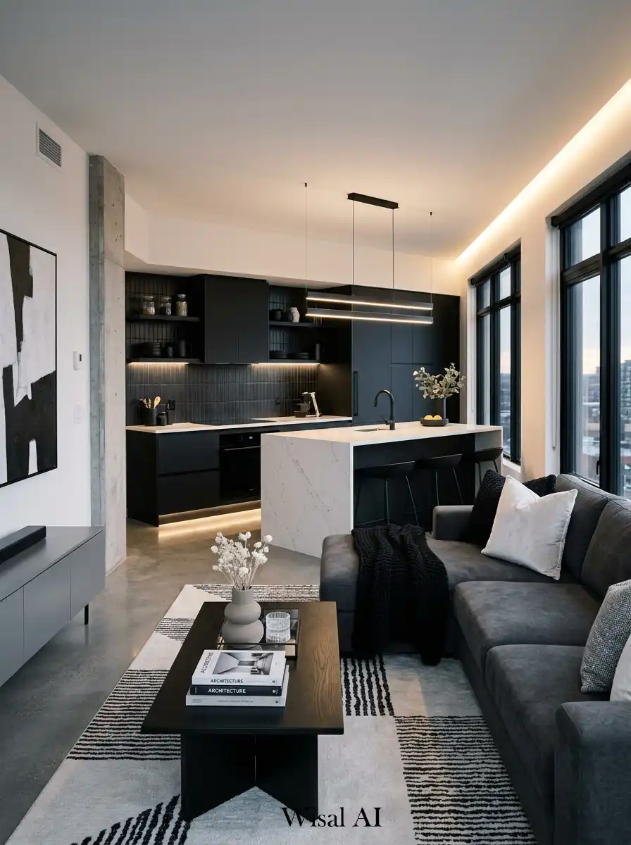 10. Monochrome Modern Open-Plan Kitchen and Living Room Idea