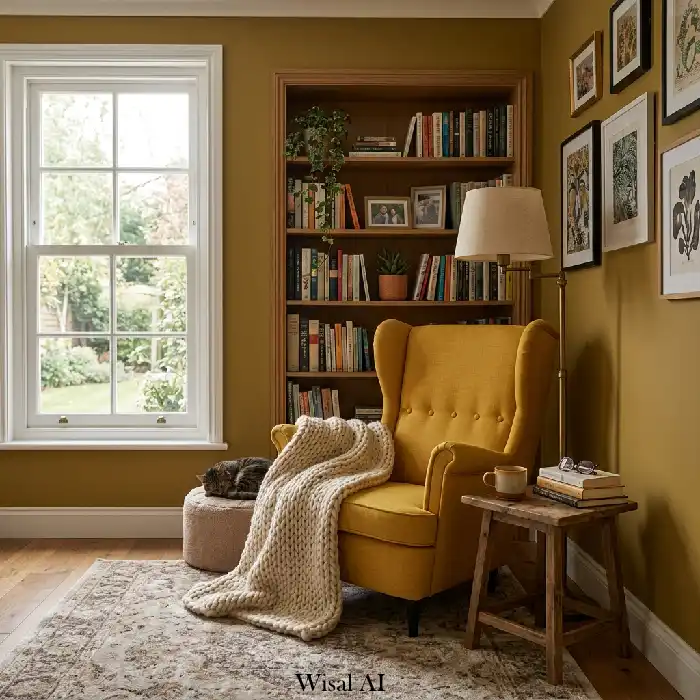 Cozy reading living room with mustard yellow armchair, bookshelf wall, and warm lighting