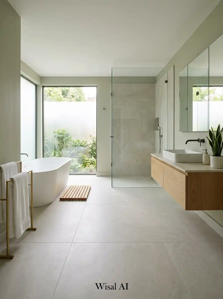 Open concept minimalist bathroom layout with seamless design spacious atmosphere and relaxing modern spa-style interior aesthetic.