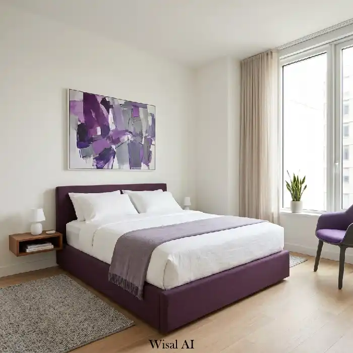 Art inspired purple bedroom with creative wall art and expressive styling