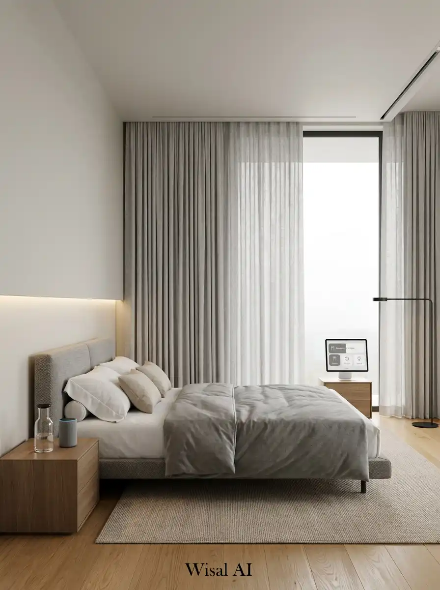 Bedroom with automated smart curtains and controlled natural lighting.