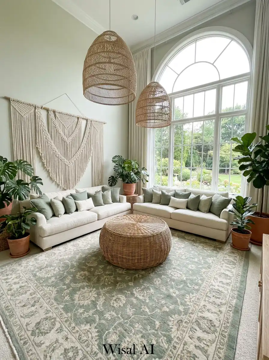 20. The Sage Grandeur Boho Living Room Idea