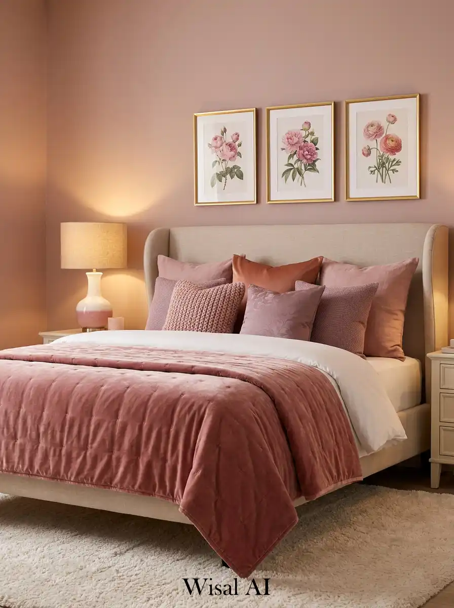 20.The Velvet Cocoon: Moody Dusty Pink Bedroom Idea