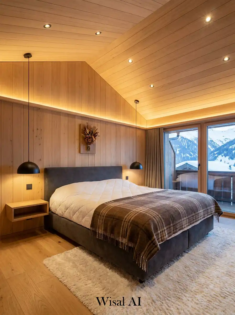 20.The Warm Wood Cocoon: Modern Chalet Hotel Bedroom Idea