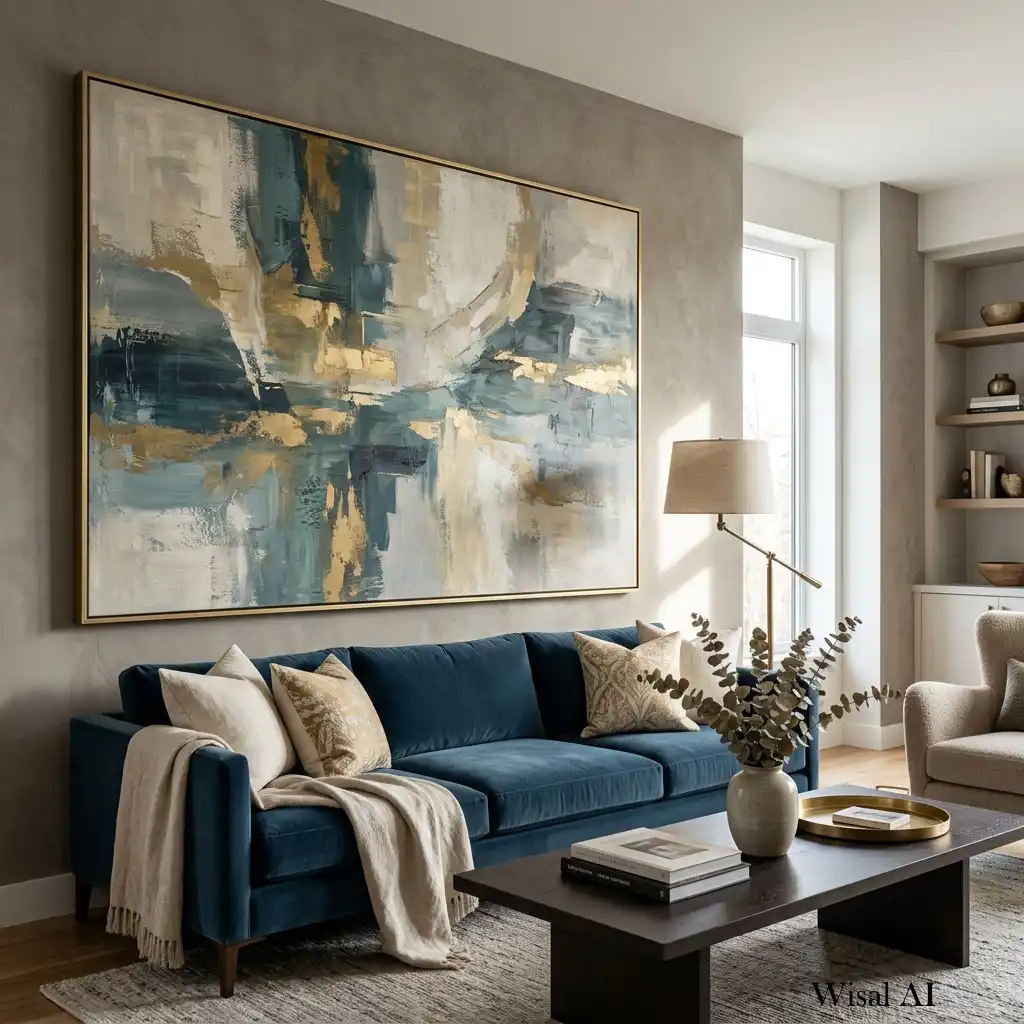 Oversized abstract artwork above a designer sofa in a luxury living room.