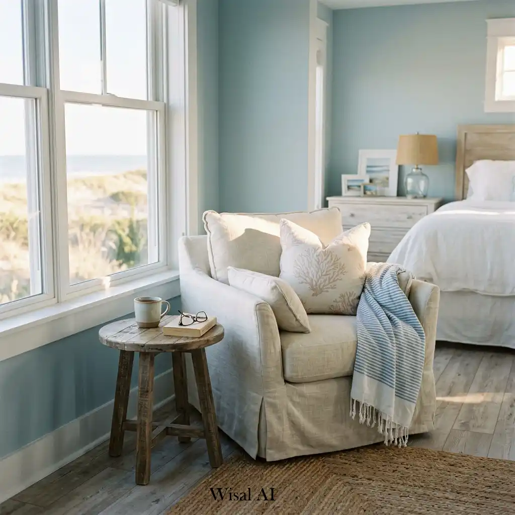 Beach house bedroom featuring a cozy reading corner by the window.