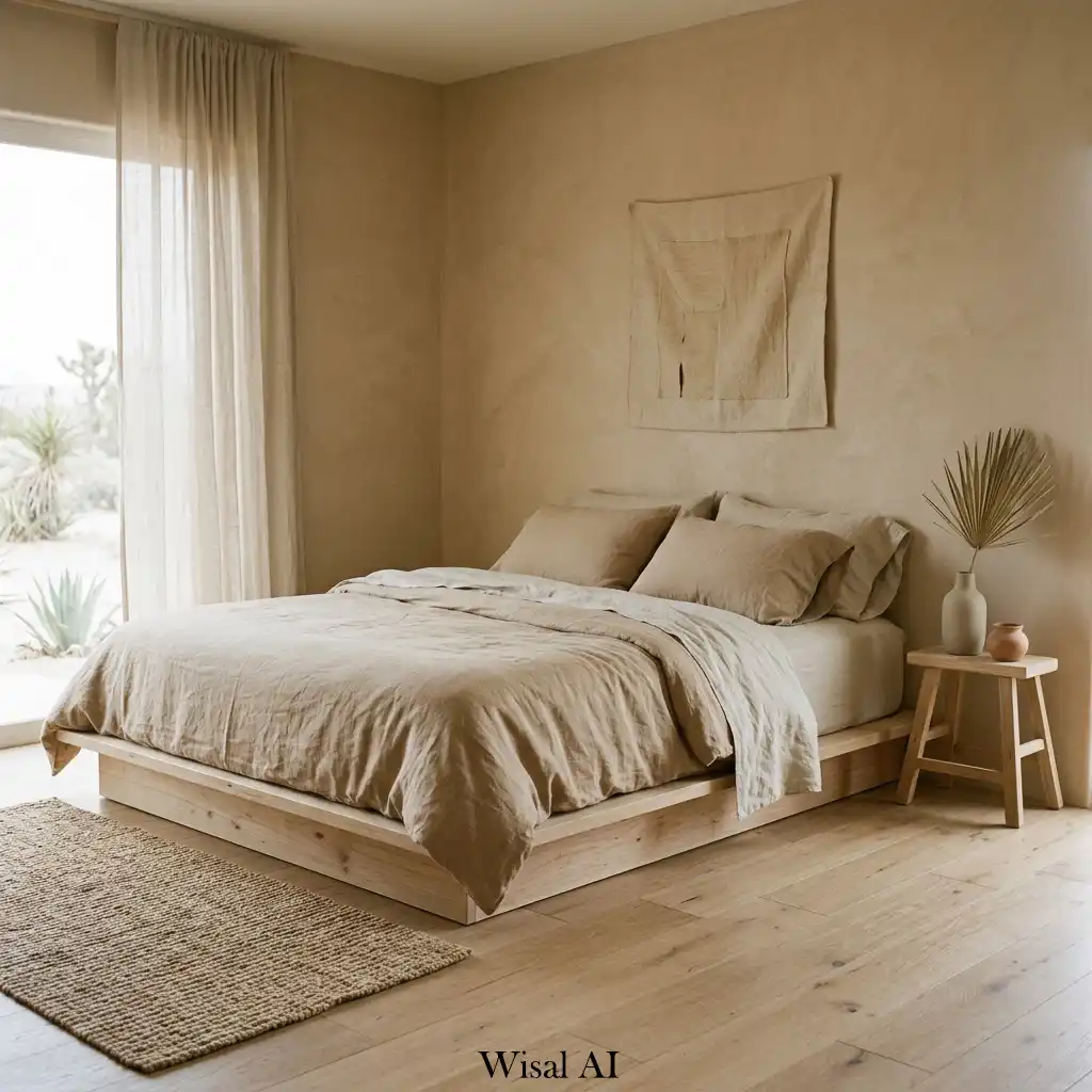 Desert-inspired bohemian bedroom with warm sandy tones and soft lighting