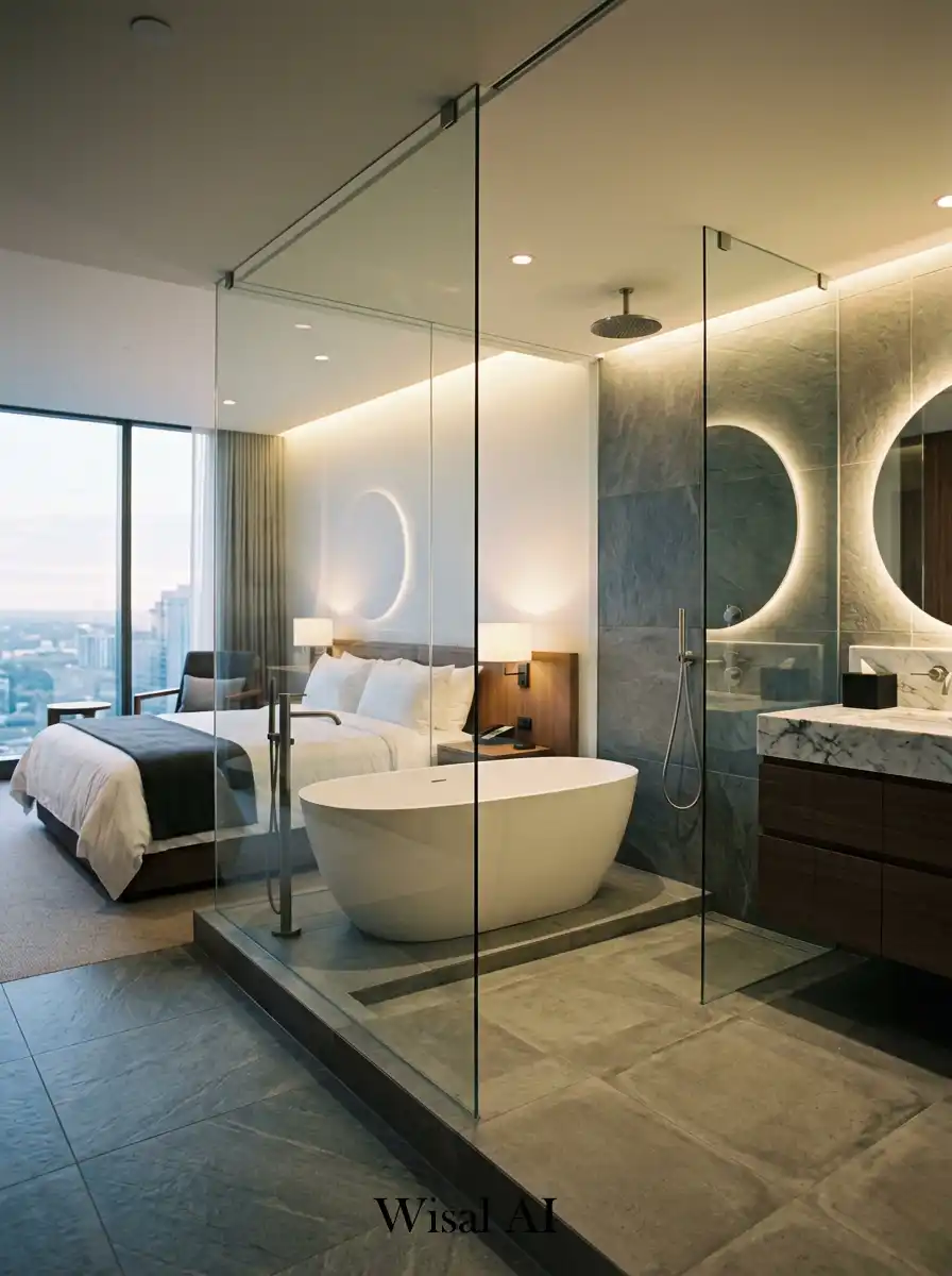 Open glass partition bathroom with modern luxury hotel-inspired spacious layout design